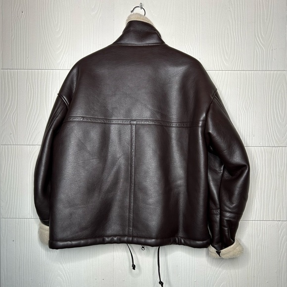 storets Dark Brown Bomber Jacket with Cream Shearling Trim - Picture 4 of 10